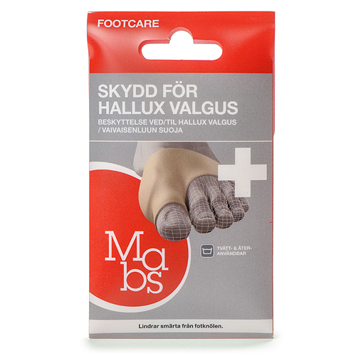 Skydd för hallux valgus från Mabs lindrar smärta vid problem med hallux valgus. Med en mjuk kudde av gele som masserar området kring fotknölen. Elastiskt material som gör att den passar flera storlekar. Tvätt- och återanvändbar.